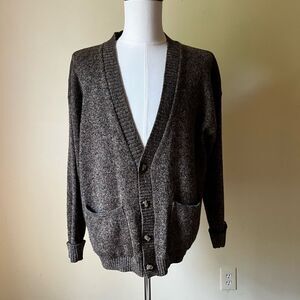 Vintage 80s 90s Wool Alpaca Cardigan Brown Green Marled Knit Grandpa Sweater L